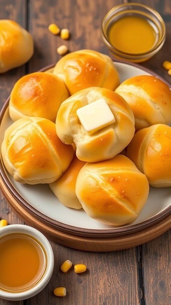 Freshly baked sweet corn rolls with butter on a rustic table, served with honey.